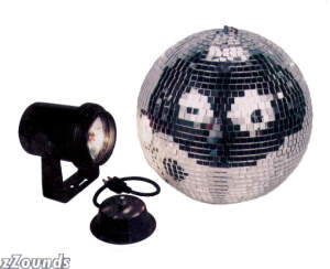 Mirror ball package with 12 in. mirror ball, A/C motor, and UL pinspot with lamp.