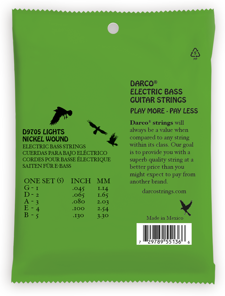 Darco D9705 5 String Electric Bass Strings Light