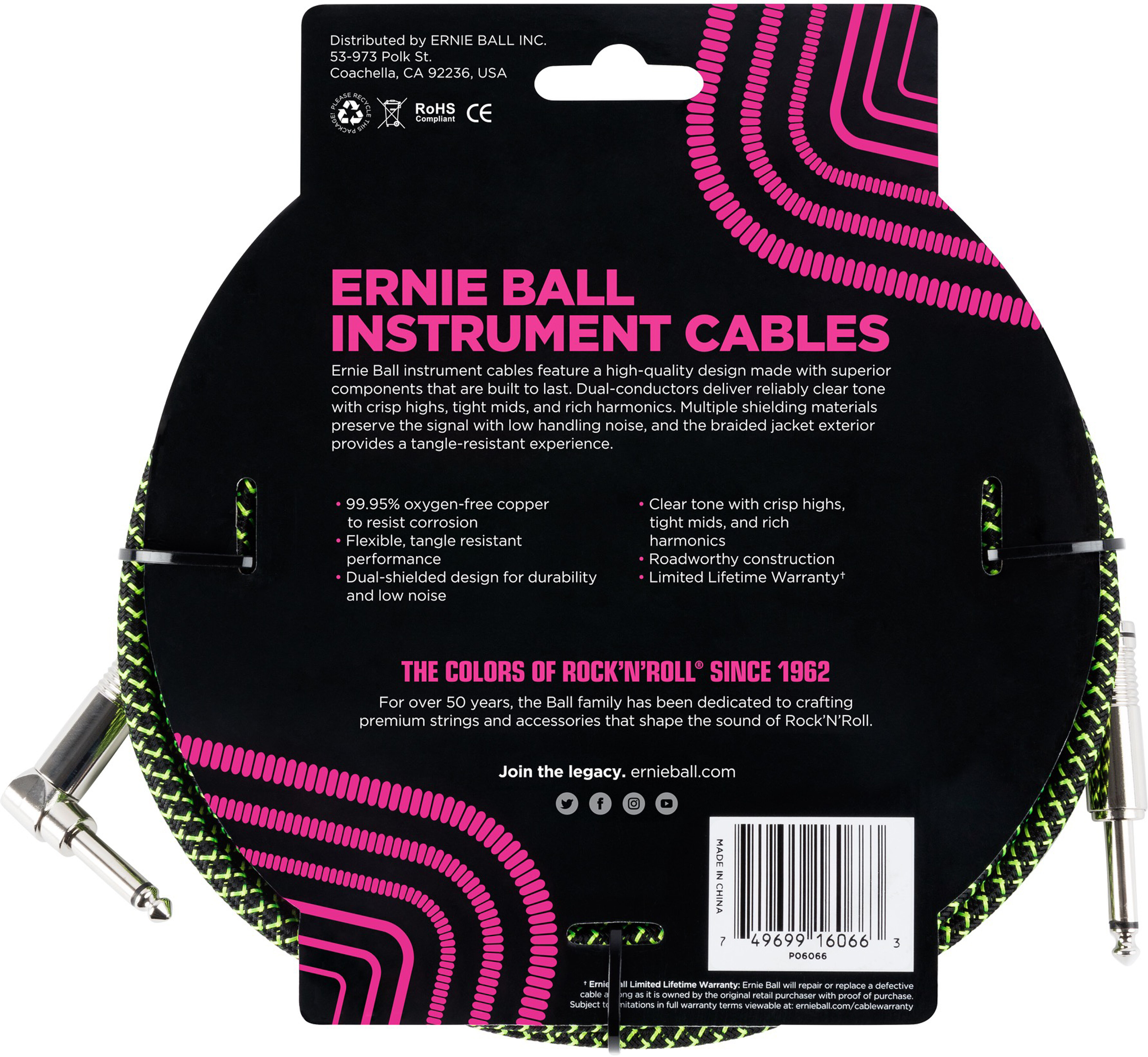 Ernie Ball P06060 Braided Guitar Cable 25ft Bk/Gr -  P06066