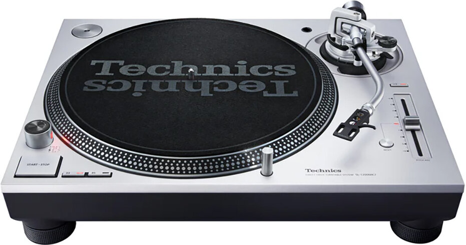 Technics SL-1200MK7 direct-drive turntable in silver on a white background
